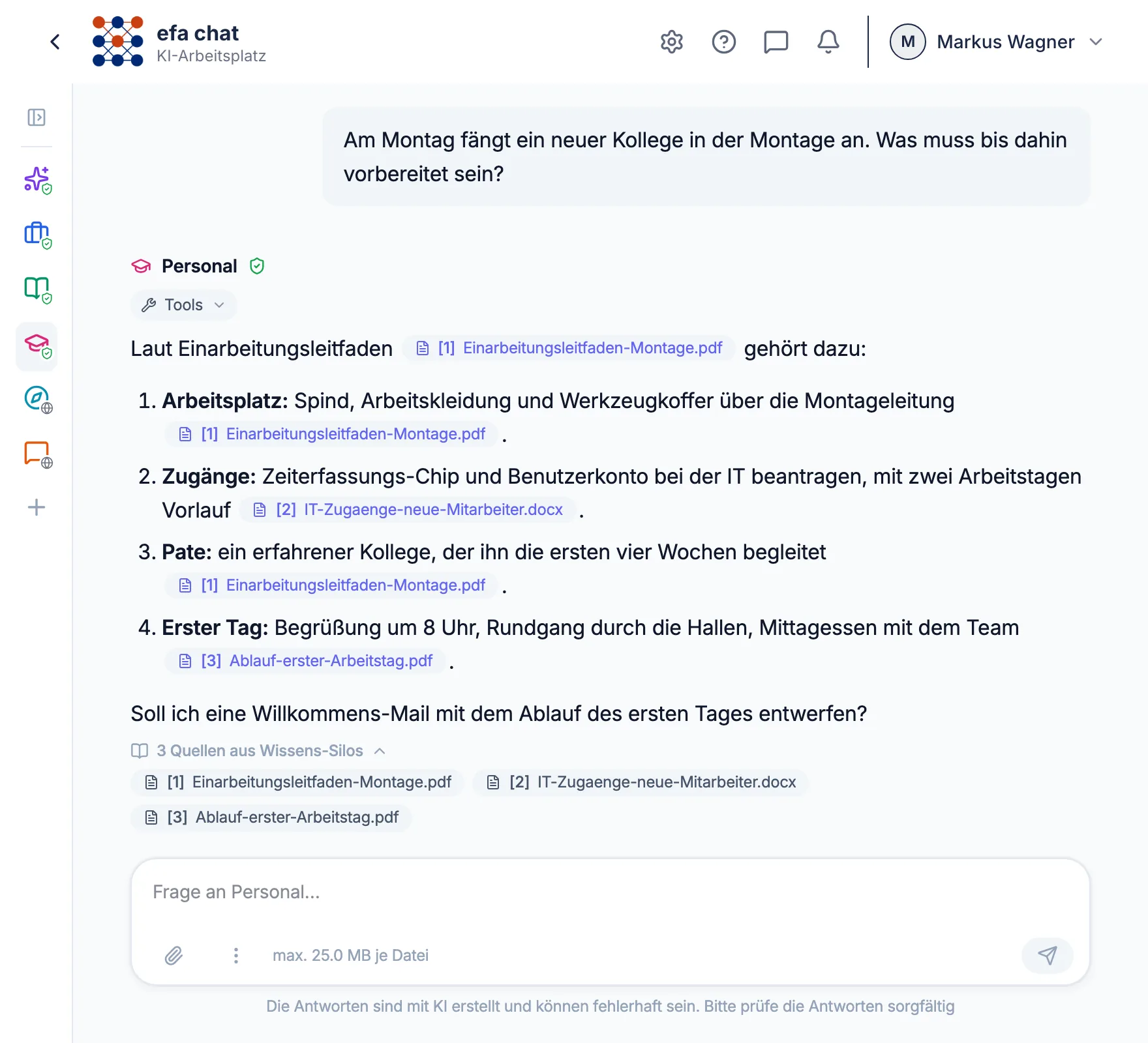 Antwort des Agenten Personal zur Vorbereitung auf einen neuen Kollegen. Jeder Schritt verweist auf den Einarbeitungsleitfaden, die IT-Vorgaben oder den Ablauf des ersten Tages, die Quellen stehen aufgeklappt darunter.